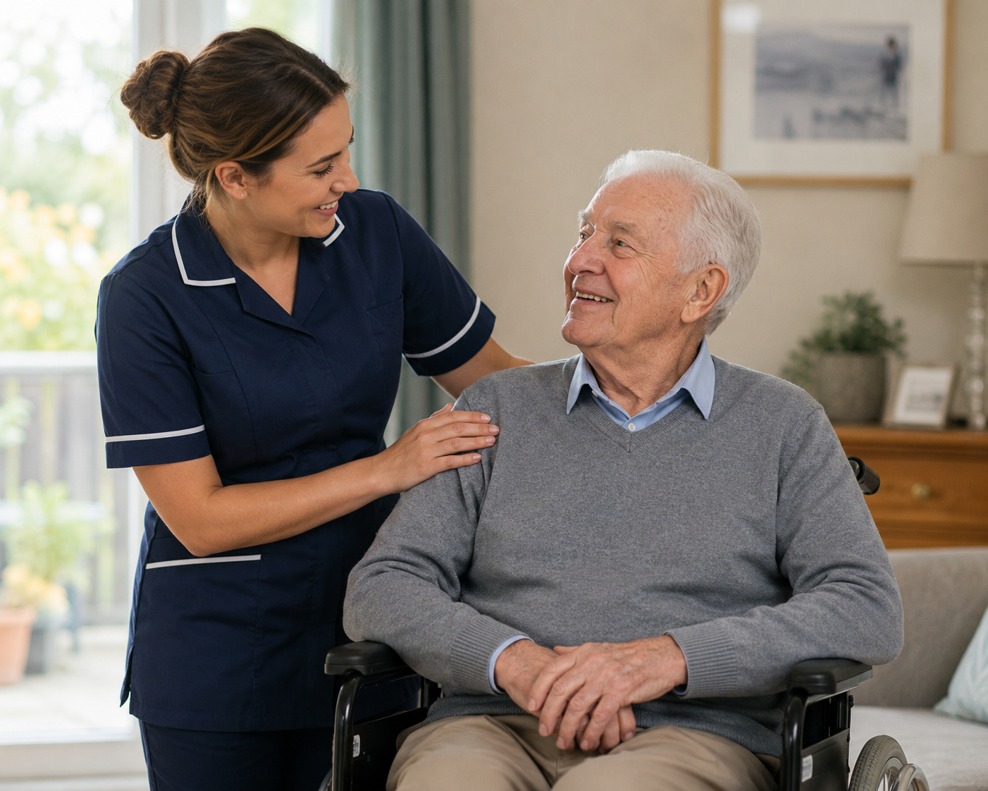 Healthcare worker supporting an older adult in a care setting